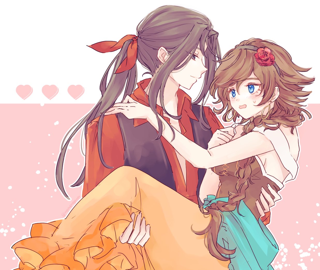 1boy, 1girl, agnea_bristarni, black_hair, black_hairband, blue_eyes, blush, braid, braided_ponytail, brown_hair, carrying, carrying_person, closed_mouth, commentary_request, couple, eye_contact, hair_between_eyes, hairband, hikari_ku, long_hair, looking_at_another, mamenogawa, octopath_traveler, octopath_traveler_ii, pink_background, ponytail, smile, sweat, two-tone_background, wavy_mouth, white_background