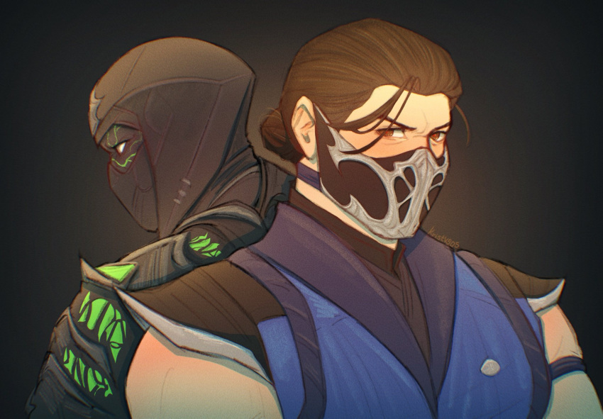 2boys, back-to-back, bare_shoulders, bi-han, black_background, black_hair, brown_eyes, colored_skin