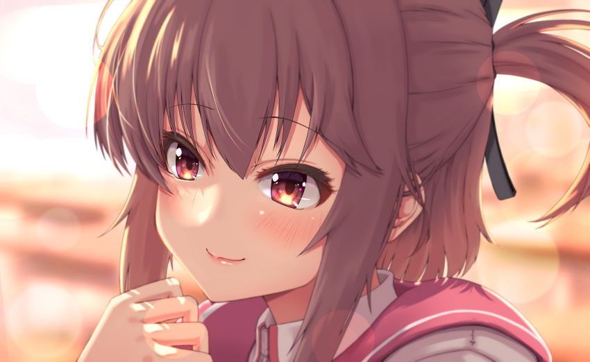 1girl, absurdres, blurry, blurry_background, blush, brown_eyes, brown_hair, closed_mouth