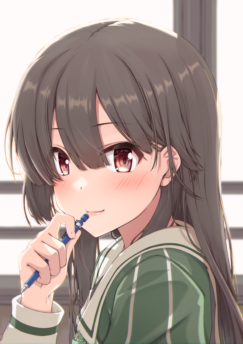 1girl, blunt_bangs, blush, brown_hair, closed_mouth, commentary_request, dress, fear_jyosyu