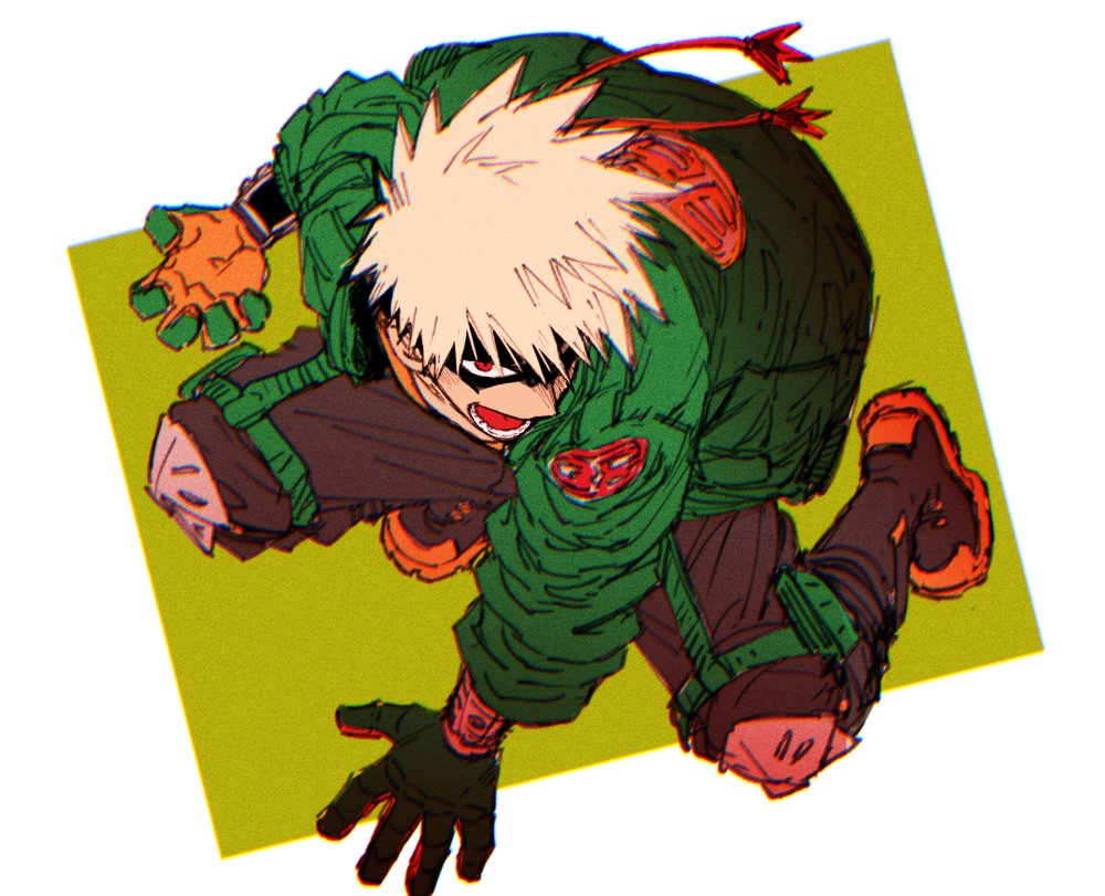 1boy, arm_support, bakugou_katsuki, black_pants, blonde_hair, boku_no_hero_academia, boots, clenched_hand, commentary_request, eye_mask, gloves, green_jacket, jacket, knee_pads, long_sleeves, male_focus, open_mouth, pants, red_eyes, short_hair, solo, spiky_hair, superhero_costume, tanikudayo, teeth