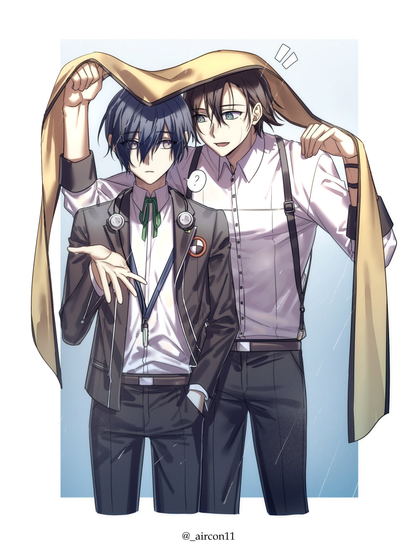 2boys, ?, absurdres, aircon11, arms_up, belt, belt_buckle, black_belt