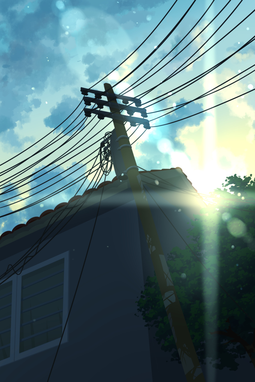 cable, clouds, day, farhan_melukis, highres, house, no_humans, original