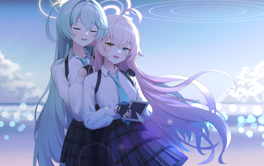 2girls, :d, absurdres, ahoge, backlighting, black_gloves, black_skirt, blue_archive, blue_eyes, blue_necktie, blue_sky, closed_eyes, clouds, collared_shirt, commentary_request, cowboy_shot, crossed_bangs, crying, crying_with_eyes_open, day, fang, fingerless_gloves, floating_hair, generatormang, gloves, green_hair, hair_between_eyes, hair_intakes, hair_over_shoulder, half_gloves, halo, hand_on_another's_shoulder, hand_on_own_chest, heterochromia, highres, holding, holding_notebook, hoshino_(blue_archive), lens_flare, long_hair, long_sleeves, looking_down, multiple_girls, necktie, notebook, open_mouth, outdoors, pink_hair, pink_halo, plaid_clothes, plaid_skirt, pleated_skirt, puffy_long_sleeves, puffy_sleeves, school_uniform, shirt, skirt, sky, smile, suspenders, tears, tsurime, very_long_hair, white_shirt, wind, yellow_eyes, yellow_halo, yume_(blue_archive)