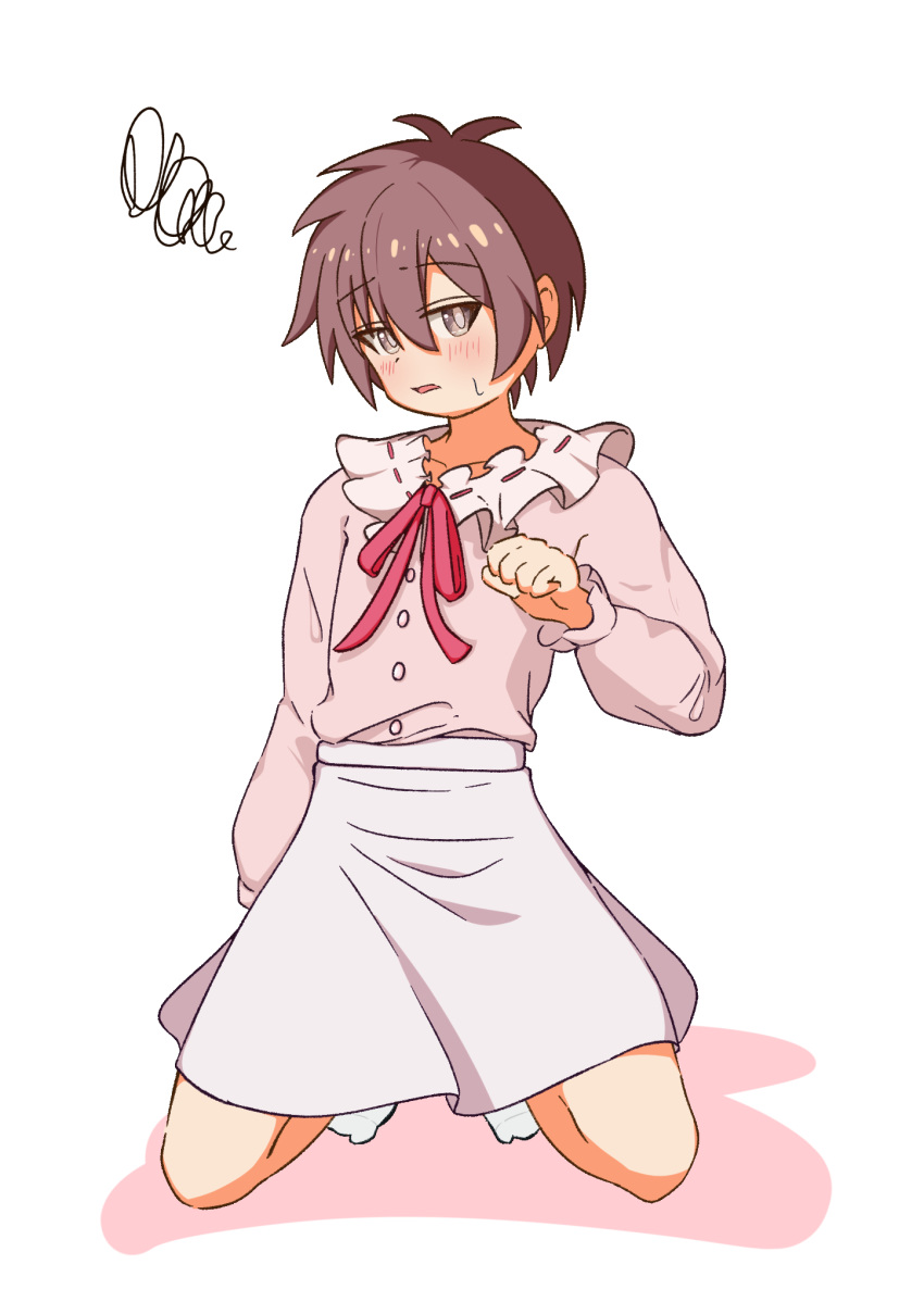 1boy, abi_ervin, blush, brown_eyes, brown_hair, commentary, cosplay, crossdressing