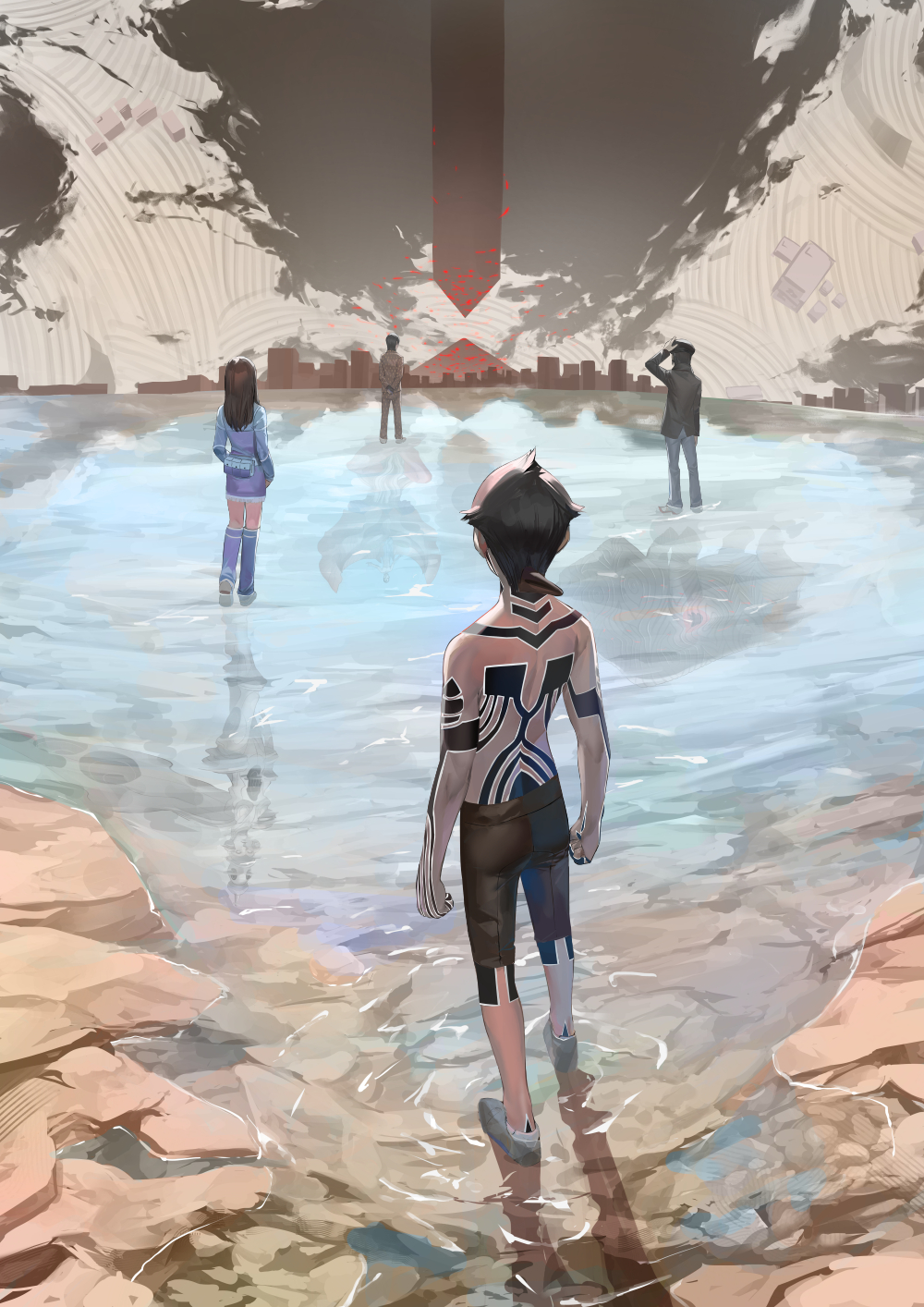 1girl, 3boys, black_hair, black_shorts, blazpu, demi-fiend, denim, highres