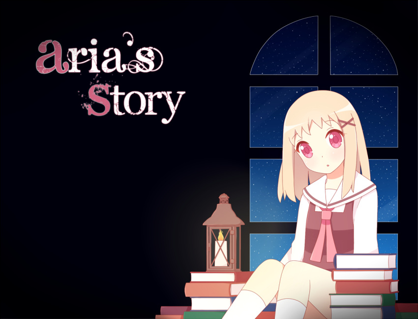 1girl, aria's_story, aria_bellamy, blonde_hair, book, dress, hair_ornament, lydia_(thesoundoffreedom)