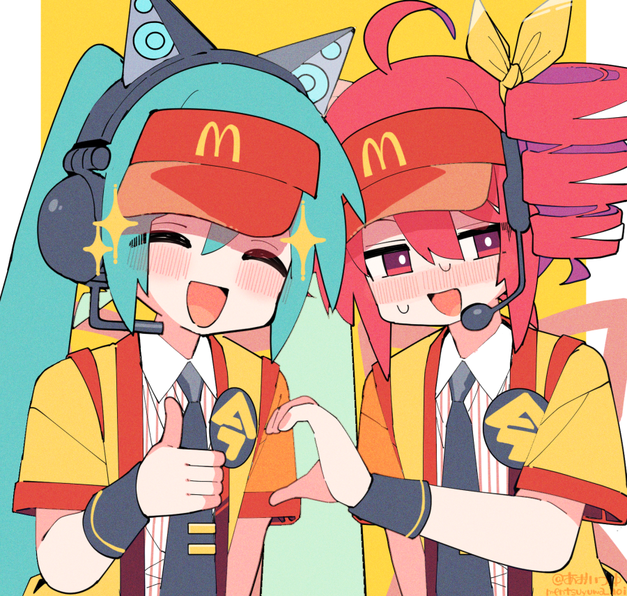 2girls, ahoge, animal_ear_headphones, animal_ears, aoi_tsuyu, black_necktie, blue_hair, blush, cat_ear_headphones, closed_eyes, drill_hair, employee_uniform, facing_viewer, fake_animal_ears, fast_food_uniform, hashtag-only_commentary, hatsune_miku, headphones, headset, heart_hands_failure, jacket, kasane_teto, kasane_teto_(sv), mcdonald's, multiple_girls, necktie, open_mouth, red_eyes, red_hair, shakacat, short-sleeved_jacket, short_sleeves, smile, sweat, synthesizer_v, twin_drills, twintails, twitter_username, visor_cap, vocaloid, wrist_cuffs, yellow_jacket