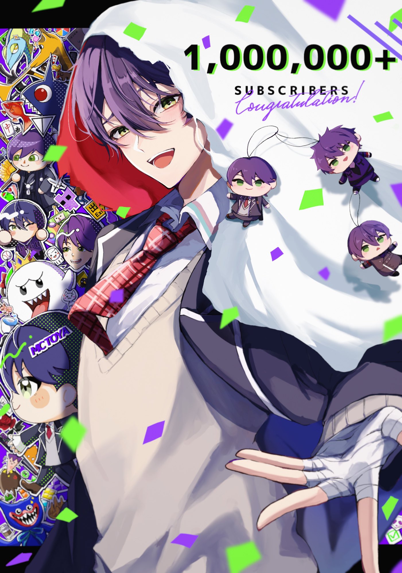 1boy, :d, animal_crossing, bandaged_hand, bandages, black_jacket, blush, character_doll