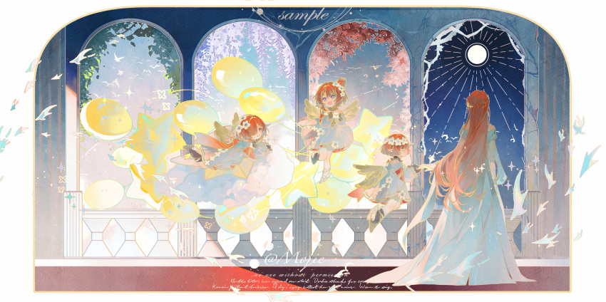4girls, absurdres, ancient_greek_clothes, angel_wings, architecture, asymmetrical_footwear, black_boots, blue_eyes, boots, chinese_commentary, clouds, commentary_request, cross-shaped_pupils, dress, full_moon, greco-roman_architecture, greco-roman_clothes, head_wreath, highres, honkai:_star_rail, honkai_(series), long_hair, mismatched_footwear, mojieovo, moon, multiple_girls, night, night_sky, red_hair, short_hair, sky, smile, star_balloon, symbol-shaped_pupils, trianne_(honkai:_star_rail), tribbie_(honkai:_star_rail), tribios_(honkai:_star_rail), trinnon_(honkai:_star_rail), white_blindfold, white_dress, winged_boots, wings
