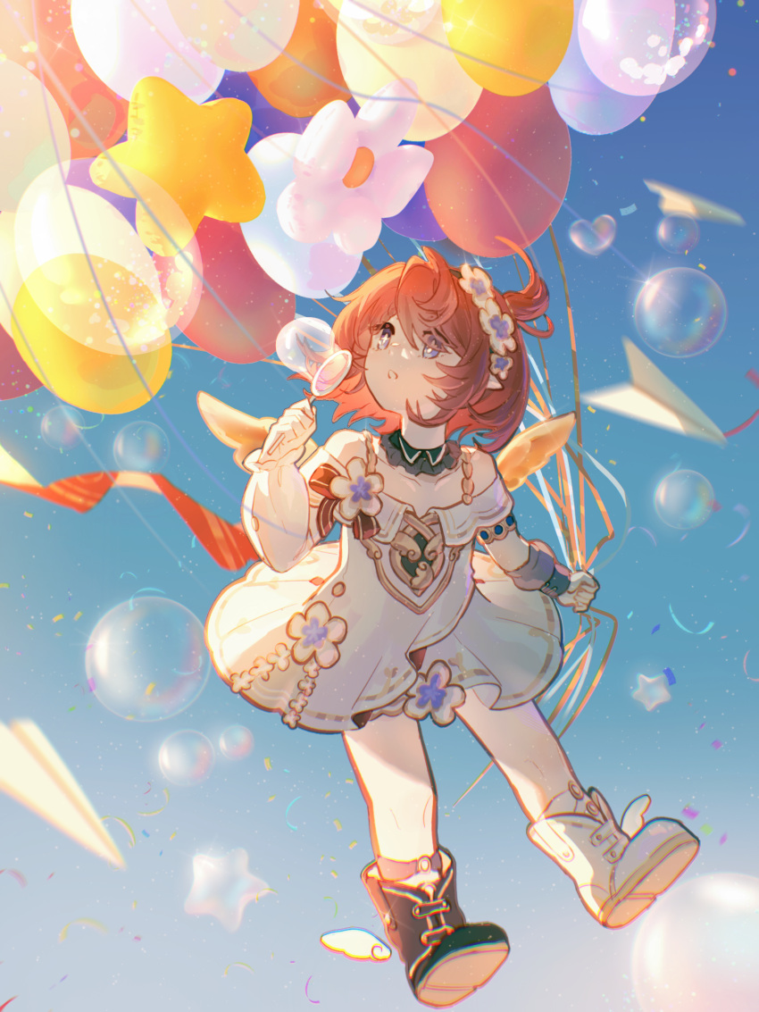 1girl, ancient_greek_clothes, angel_wings, anlimil, asymmetrical_footwear, black_boots, blowing_bubbles, blue_eyes, blue_sky, boots, chinese_commentary, commentary_request, cross-shaped_pupils, dress, flower_balloon, greco-roman_clothes, head_wreath, highres, honkai:_star_rail, honkai_(series), mismatched_footwear, pointy_ears, sky, solo, star_balloon, symbol-shaped_pupils, tribbie_(honkai:_star_rail), white_boots, white_dress, winged_boots, wings