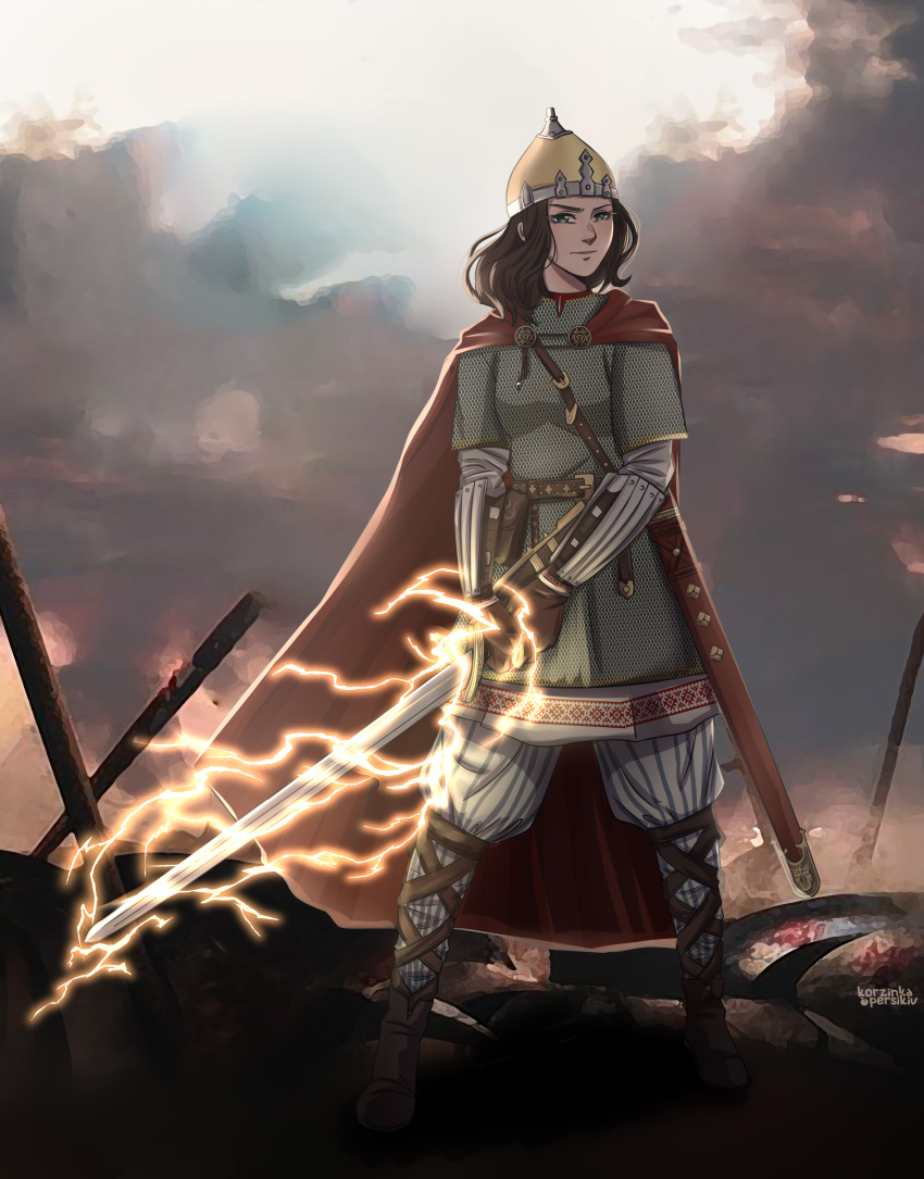 1girl, absurdres, arm_guards, armor, battlefield, belt, belt_pouch, boots, brooch, brown_hair, burning, cape, chainmail, commission, glowing, glowing_sword, glowing_weapon, green_eyes, helmet, highres, jewelry, kievan_rus, korzynka_persykiv, leather, leather_boots, lightning, long_sleeves, medieval, original, pants, pouch, red_cape, scabbard, serious, sheath, spangenhelm, striped_clothes, striped_pants, sword, ukraine, warrior, weapon