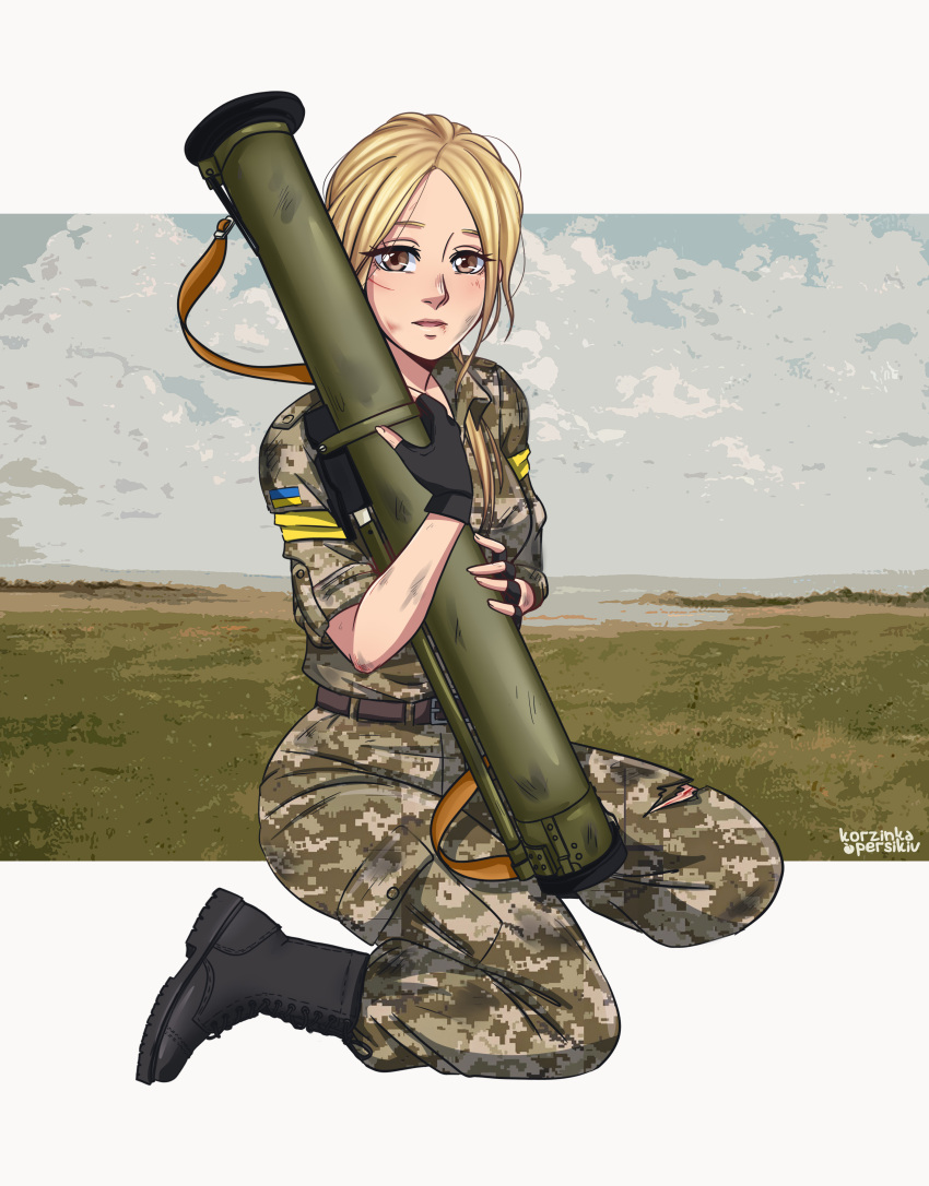 1girl, absurdres, belt, black_gloves, blonde_hair, boots, brown_eyes, camouflage