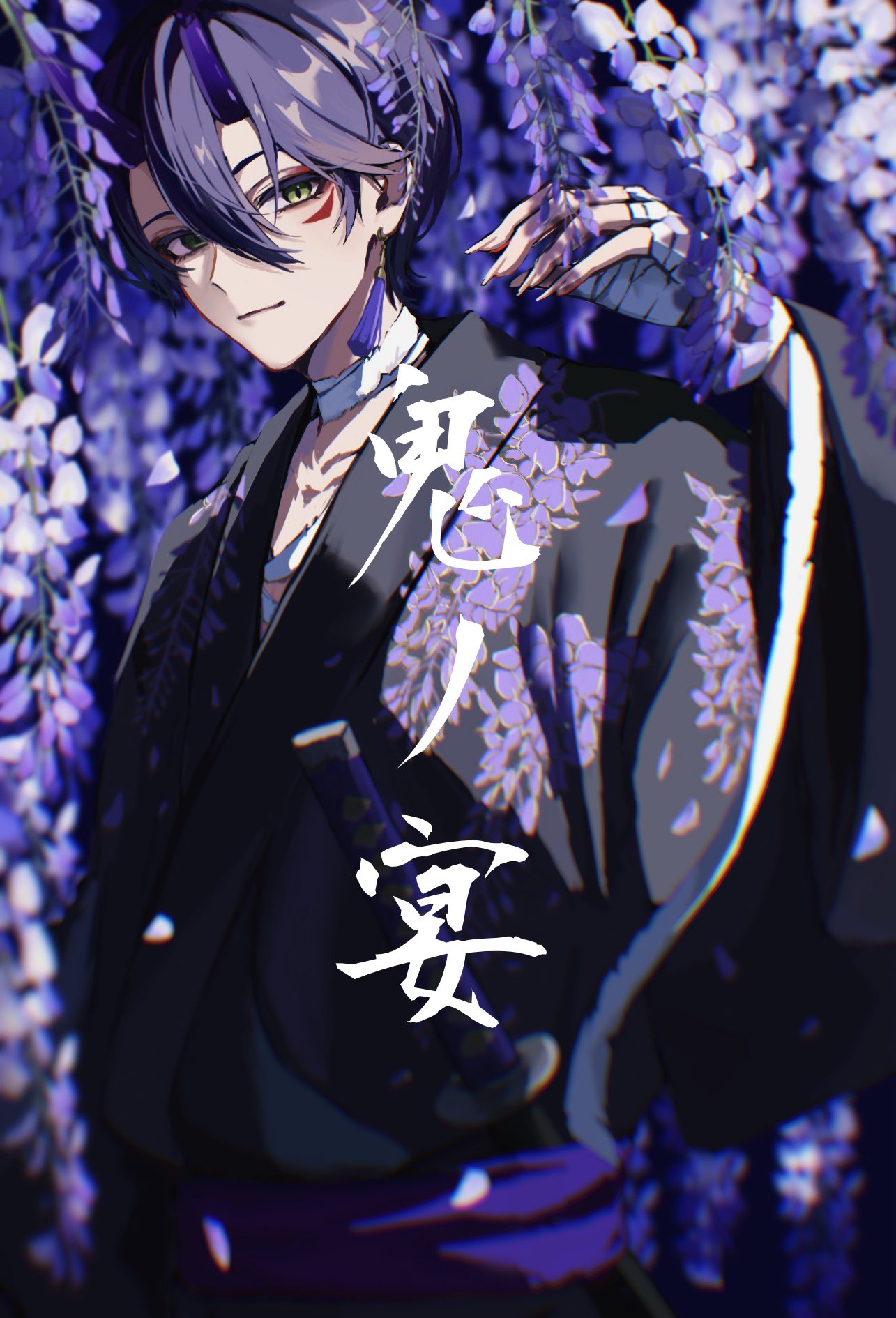 1boy, bandaged_hand, bandaged_neck, bandages, black_kimono, closed_mouth, commentary_request, earrings, eyeshadow, facial_mark, fingernails, floral_print, flower, geso_(geso_nj), green_eyes, hair_between_eyes, hand_up, highres, japanese_clothes, jewelry, katana, kenmochi_touya, kimono, long_fingernails, long_sleeves, looking_at_viewer, makeup, male_focus, nijisanji, obi, petals, print_kimono, purple_flower, purple_hair, purple_sash, red_eyeshadow, sash, sharp_fingernails, sheath, sheathed, short_hair, smile, solo, sword, tassel, tassel_earrings, virtual_youtuber, weapon, wide_sleeves, wisteria