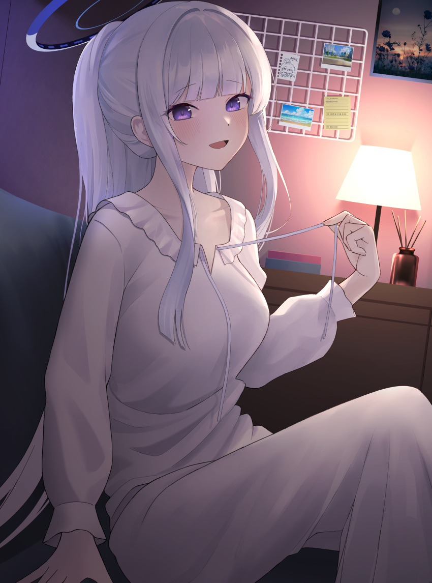 1girl, :d, absurdres, blue_archive, blunt_bangs, blunt_ends, blush, come_hither
