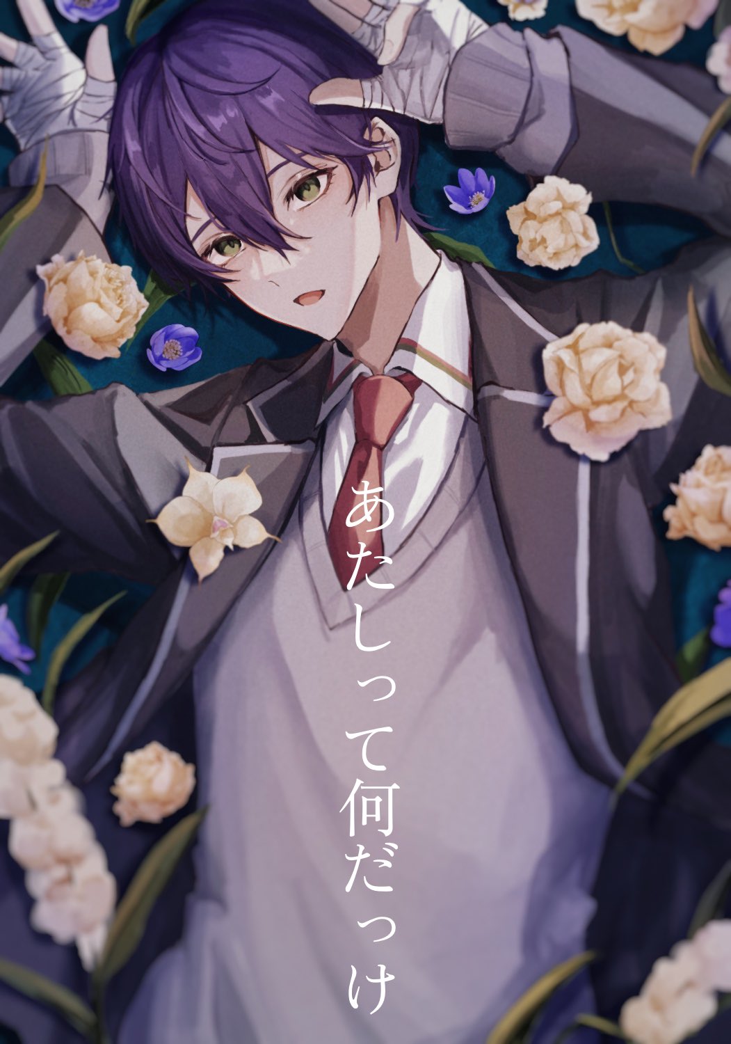 1boy, :o, arms_up, bandaged_hand, bandages, black_jacket, blazer, collared_shirt