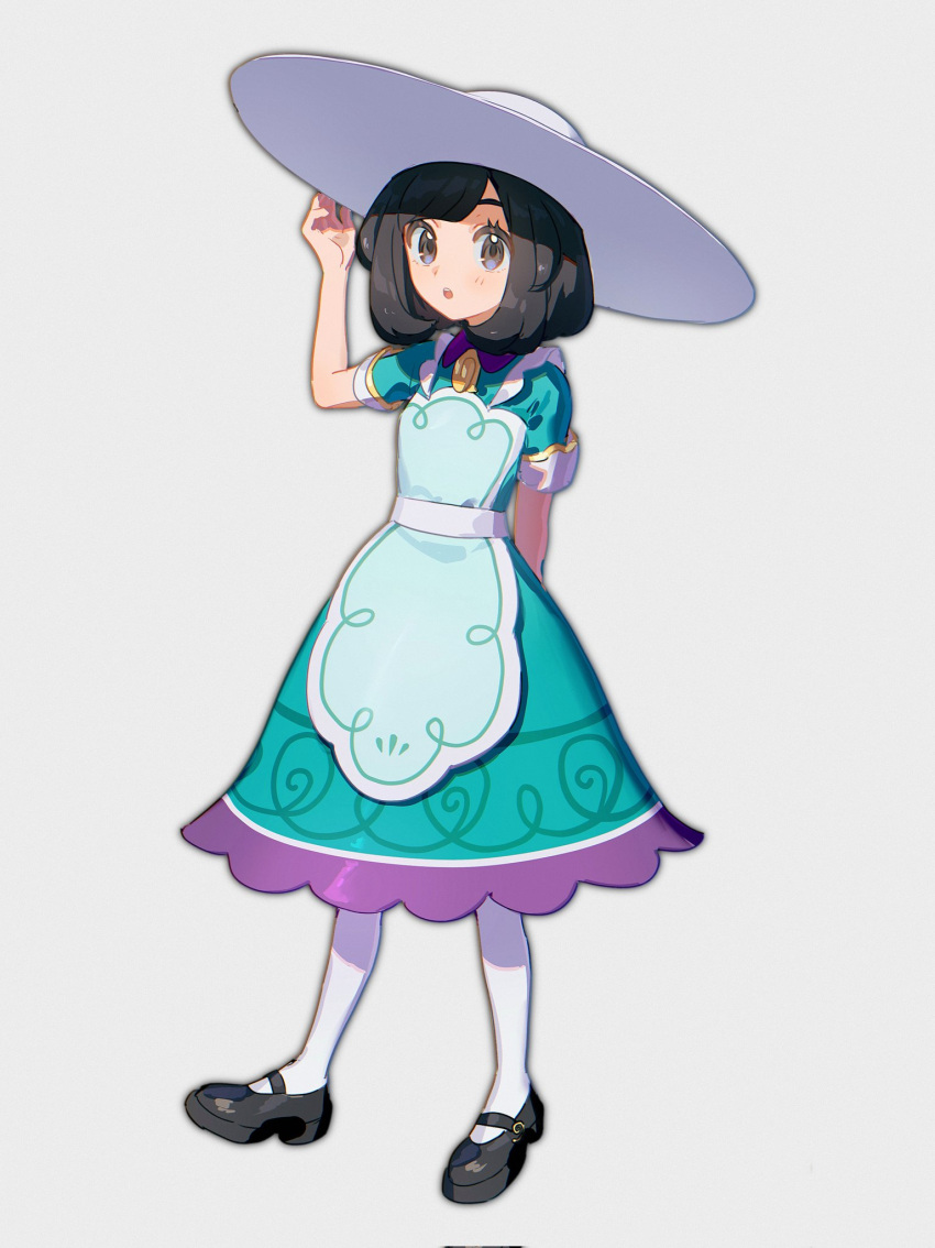 1girl, :o, apron, arm_behind_back, black_eyes, black_hair, black_shoes, commentary