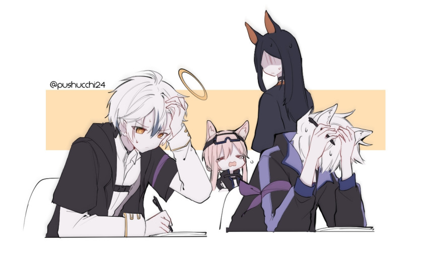 2boys, 2girls, adnachiel_(arknights), animal_ear_fluff, animal_ears, arknights, black_hair, black_jacket