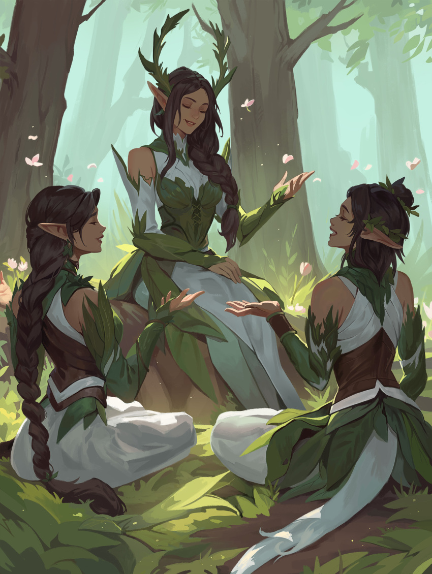 3girls, antlers, bare_shoulders, bracer, braid, braided_ponytail, brown_hair, brown_shirt