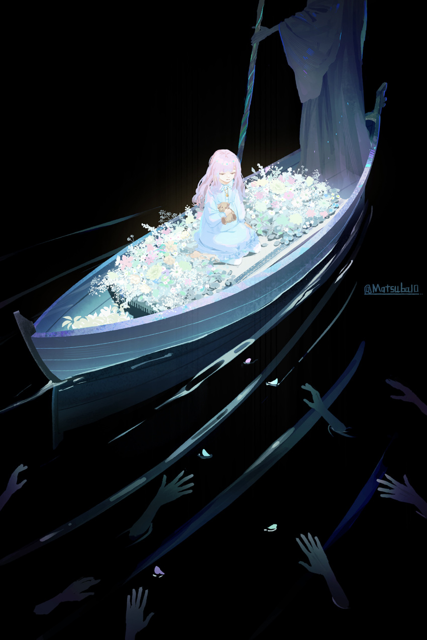 1girl, 1other, artist_name, barefoot, blue_nightgown, boat, canoe, closed_mouth