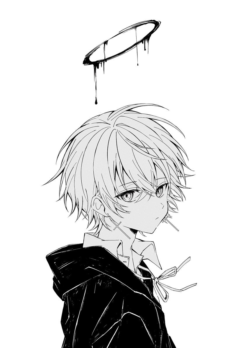 1boy, bishounen, collared_shirt, cross, cross_earrings, earrings, expressionless, from_side, greyscale, halo, highres, inverted_cross_earrings, jewelry, looking_at_viewer, male_focus, monochrome, neck_ribbon, original, ozx_x0, ribbon, shirt, short_hair, simple_background, solo, upper_body, white_background