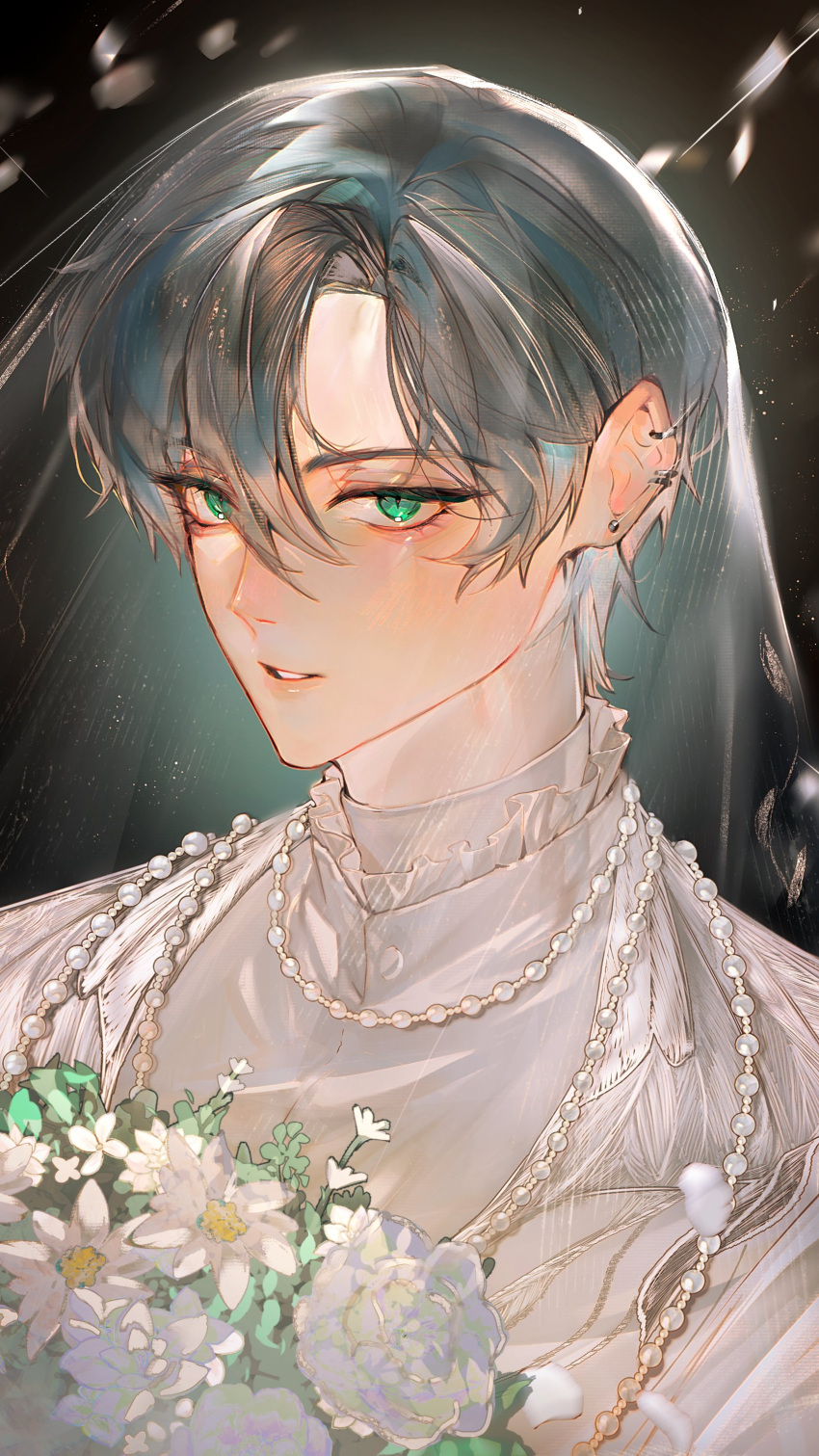 1boy, absurdres, alien_stage, alternate_costume, commentary, ear_piercing, earrings, flower, green_eyes, grey_hair, hair_between_eyes, highres, jewelry, koffieaulait1, looking_at_viewer, male_focus, necklace, parted_lips, pearl_necklace, piercing, portrait, short_hair, solo, symbol-only_commentary, till_(alien_stage), veil, very_short_hair, white_flower