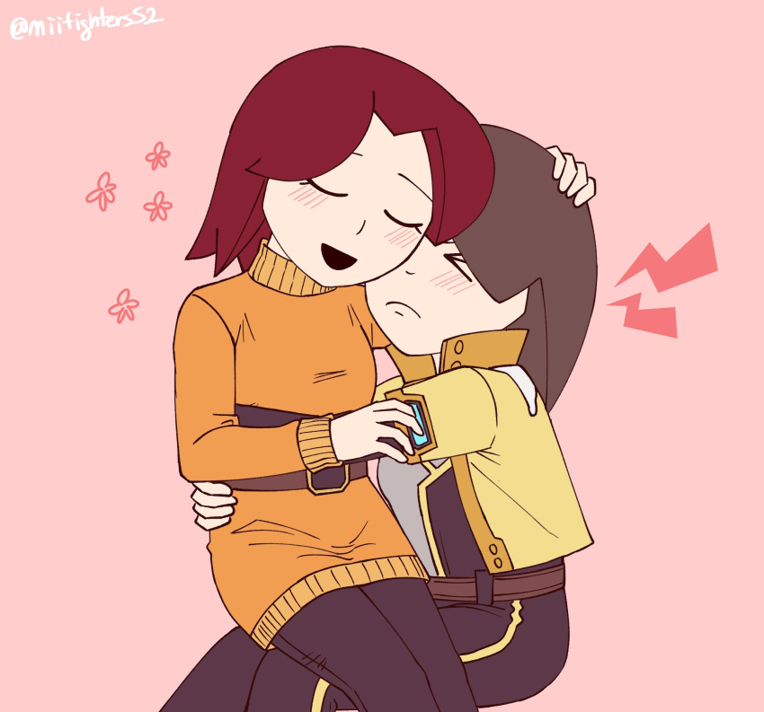 2girls, belt, black_gloves, black_pants, blush, boots, breasts, brown_hair