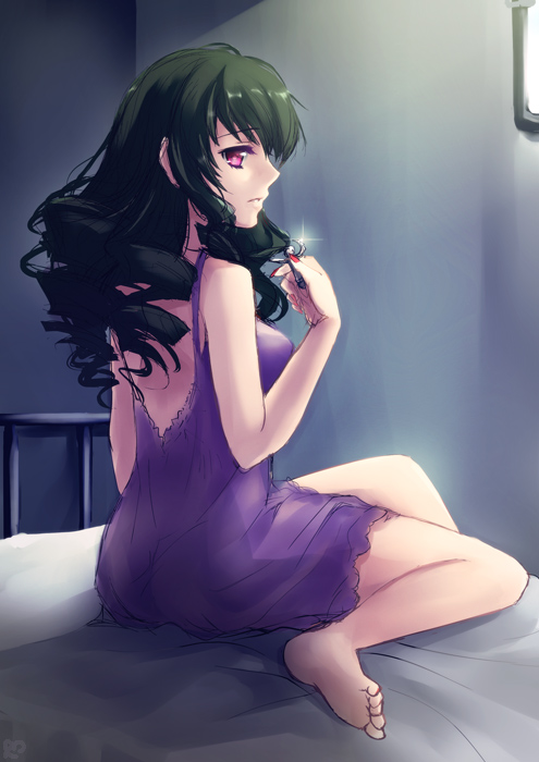 aill, barefoot, bed, dominura, feet, green_hair, kiryuu_aoko, long_hair