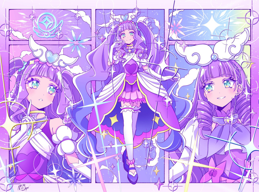 2girls, aqua_eyes, artist_name, bow, brooch, closed_mouth, clothing_cutout, commentary