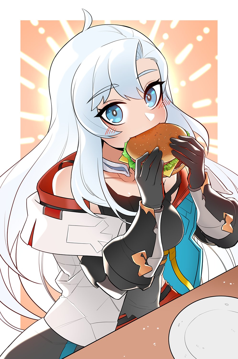 1girl, black_gloves, blue_eyes, burger, commission, dragalia_lost, eating, english_commentary