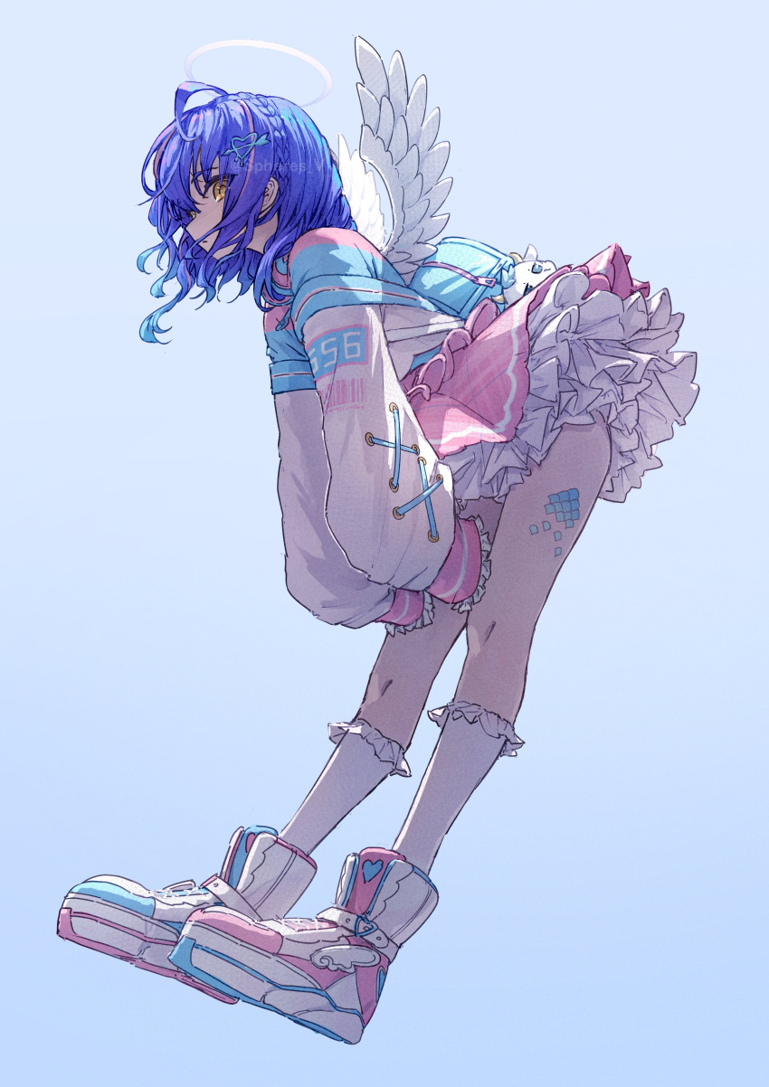 1girl, absurdres, amamiya_kokoro, amamiya_kokoro_(4th_costume), angel_wings, armillarphere_v, arrow_through_heart, blue_hair