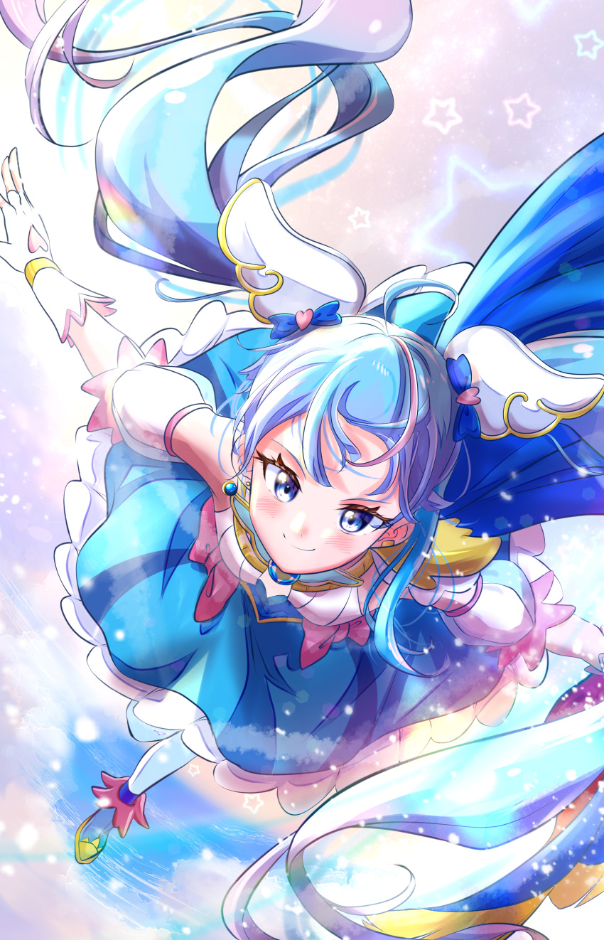 1girl, absurdres, ankle_boots, blue_boots, blue_cape, blue_dress, blue_eyes, blue_hair, blue_sky, boots, bow, brooch, cape, closed_mouth, clouds, cloudy_sky, commentary, cure_sky, cut_bangs, day, detached_sleeves, dress, dress_bow, earclip, earrings, fingerless_gloves, flying, frilled_dress, frills, fringe_trim, gloves, gradient_hair, highres, hirogaru_sky!_precure, jewelry, kakikakilemon, light_particles, long_hair, looking_at_viewer, magical_girl, medium_dress, multicolored_hair, outdoors, outstretched_arms, pink_bow, pink_hair, precure, puffy_detached_sleeves, puffy_sleeves, single_earring, single_sidelock, sky, sleeveless, sleeveless_dress, smile, solo, sora_harewataru, spread_arms, streaked_hair, thigh-highs, twintails, two-tone_dress, two-tone_hair, very_long_hair, white_dress, white_gloves, white_thighhighs, wing_brooch, wing_hair_ornament