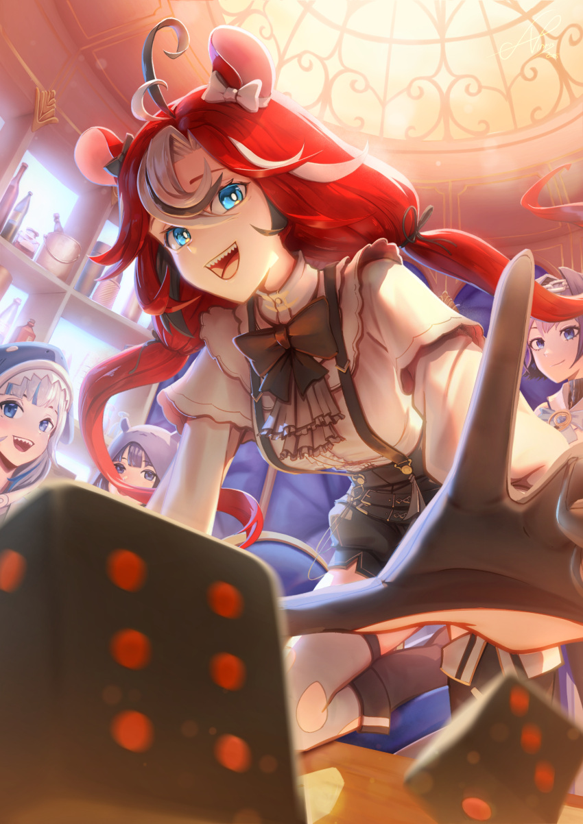 4girls, ahoge, allister_vinris, animal_ears, animal_hood, ascot, black_bow, black_bowtie