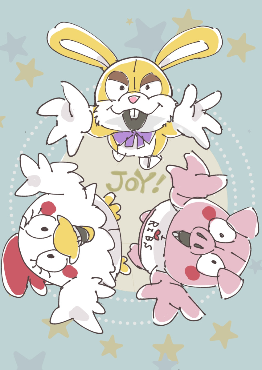 1girl, 2boys, bird_girl, blush, buck_teeth, dark_deception, furry, hangry_the_pig, highres, lucky_the_rabbit, multiple_boys, penny_the_chicken, pig_boy, rabbit_boy, teeth