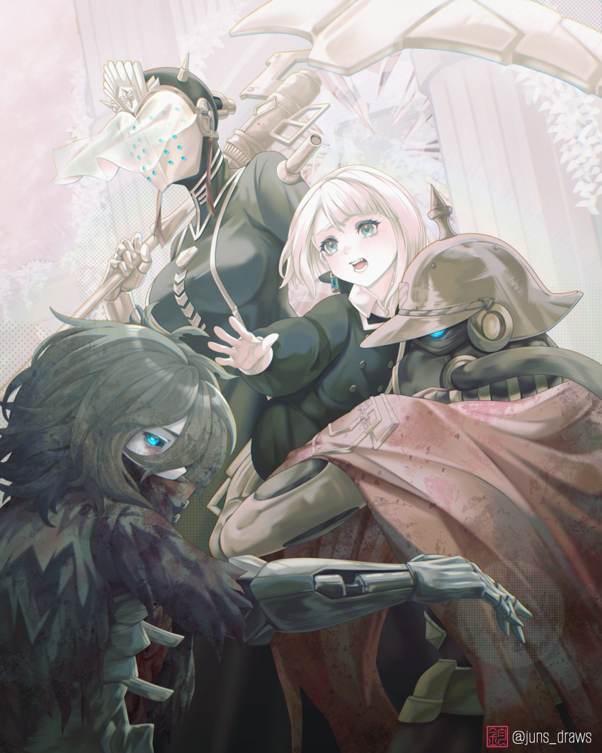 2boys, 2girls, absurdres, android, black_dress, black_hair, black_jacket, black_sclera