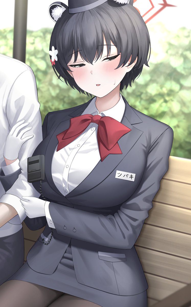 1girl, 1other, animal_ear_fluff, animal_ears, arm_hug, bench, black_hair, black_hat