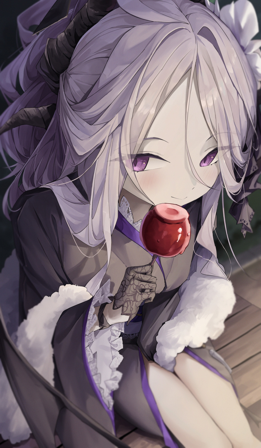 1girl, absurdres, alternate_costume, between_legs, black_gloves, black_kimono, blue_archive, blurry