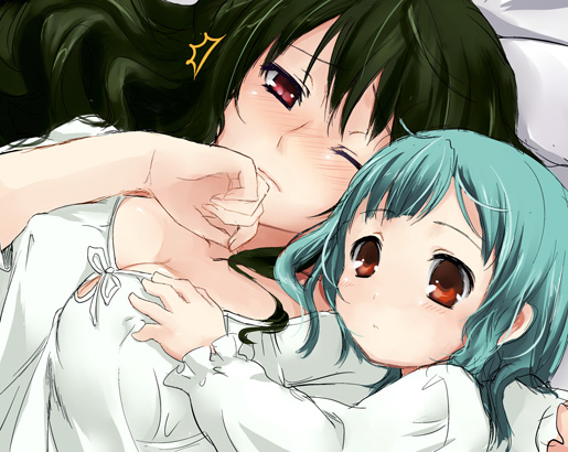 2girls, aill, blush, breast_grab, breasts, brown_eyes, dominura, erect_nipples