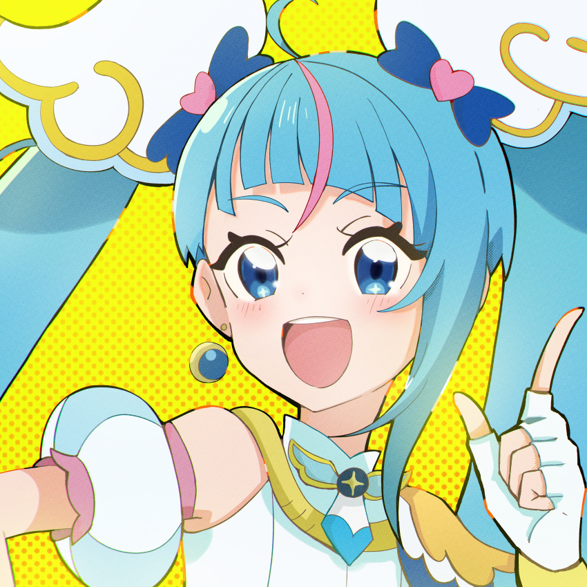 1girl, :d, absurdres, ahoge, blue_eyes, blue_hair, brooch, commentary_request, cure_sky, cut_bangs, detached_sleeves, dress, earrings, fingerless_gloves, gloves, highres, hirogaru_sky!_precure, index_finger_raised, jewelry, long_hair, looking_at_viewer, magical_girl, multicolored_hair, noe_graphics, open_mouth, partial_commentary, pink_hair, polka_dot, polka_dot_background, portrait, precure, puffy_detached_sleeves, puffy_sleeves, single_sidelock, sleeveless, sleeveless_dress, smile, solo, sora_harewataru, streaked_hair, twintails, two-tone_hair, white_dress, white_gloves, wing_brooch, wing_hair_ornament, yellow_background