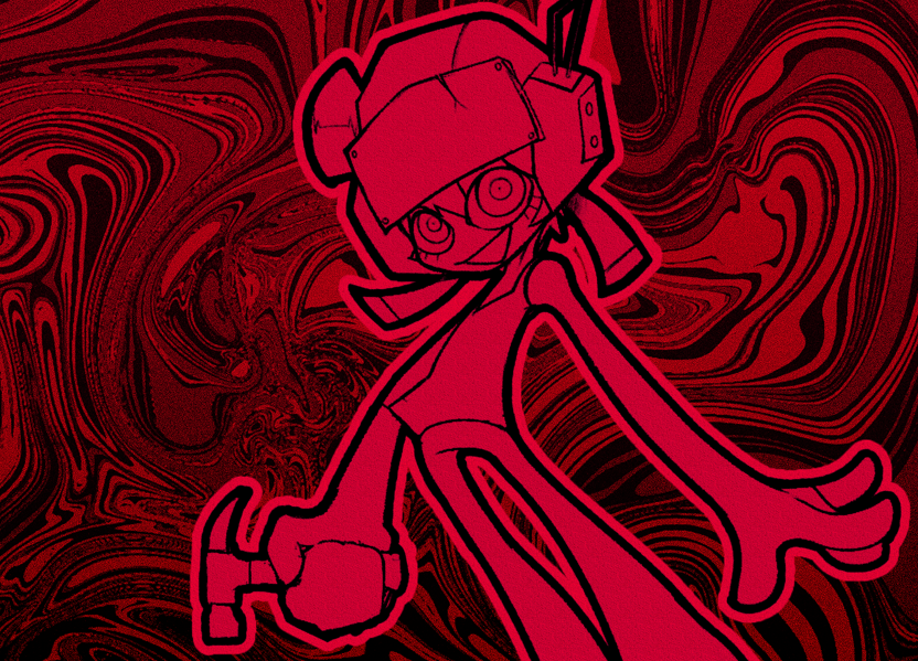 black_outline, c'venash_vishneri, evil_smile, eyelashes, hammer, helmet, holding, holding_hammer