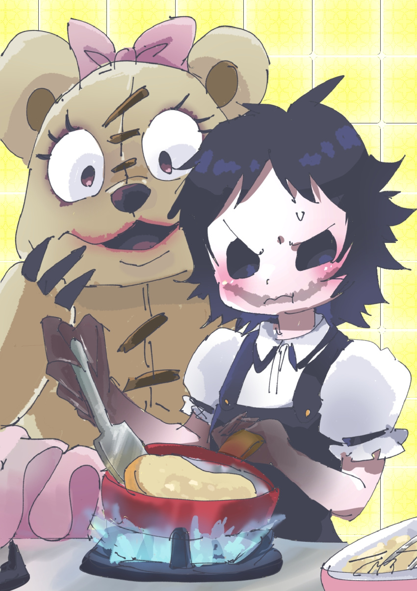 2girls, agatha_(dark_deception), bear_girl, cooking, dark_deception, food, frying_pan, furry, furry_female, highres, kokoniwa_(harumoka), mama_bear_(dark_deception), multiple_girls, pancake