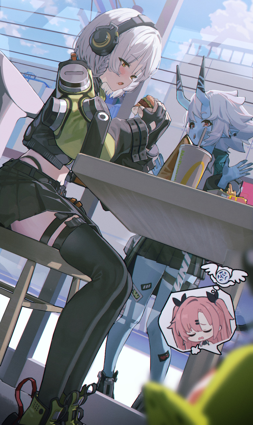 3girls, against_glass, amillion_(zenless_zone_zero), anby_demara, bangboo_(zenless_zone_zero), black_gloves, black_horns, black_panties