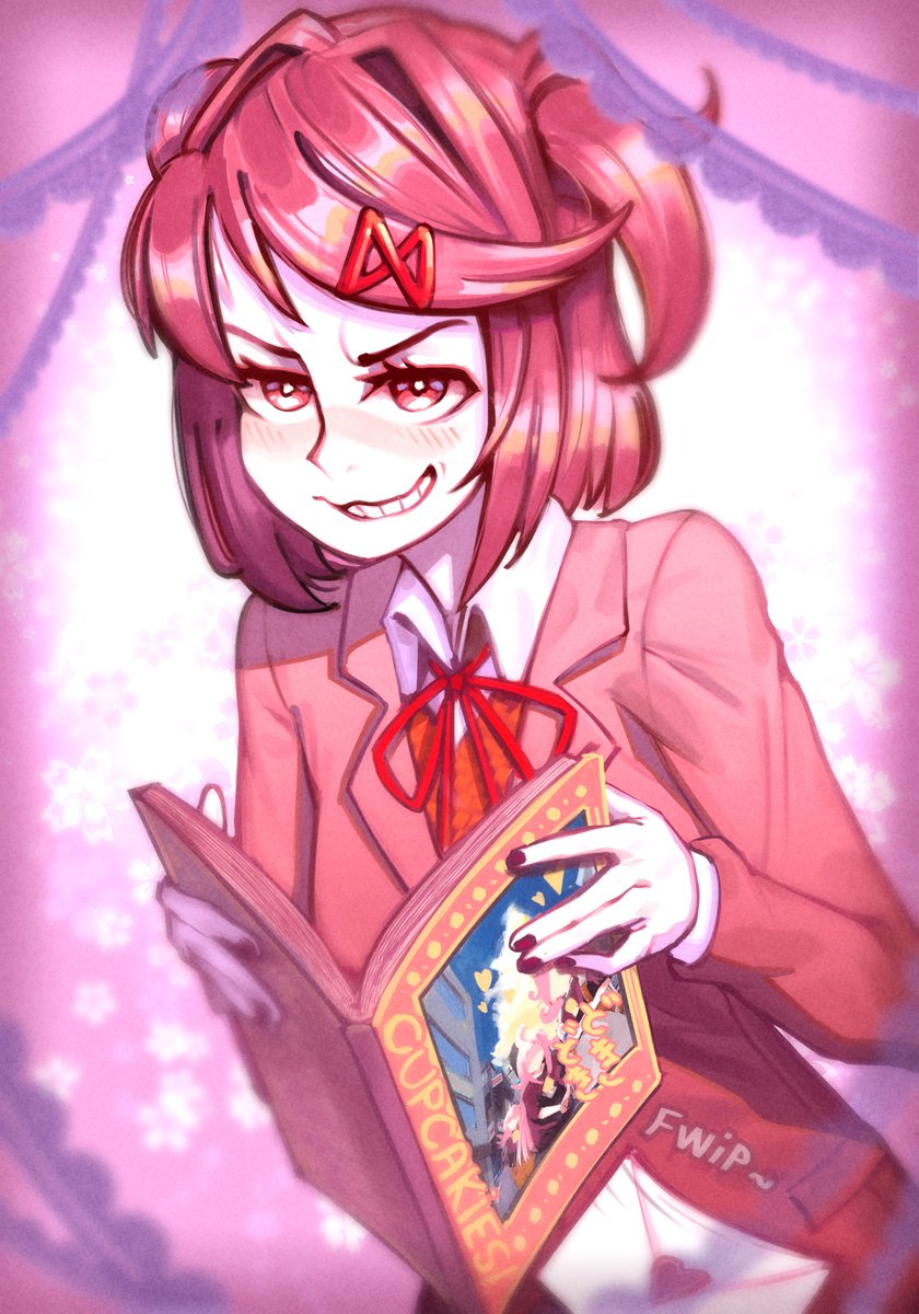 1girl, blush, book, clothed, doki_doki_literature_club, doremyart, natsuki_(doki_doki_literature_club), onomatopoeia