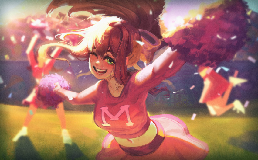 cheerleader, doki_doki_literature_club, doremyart, green_eyes, long_hair, monika_(doki_doki_literature_club), pom_pom_(cheerleading), solo_focus