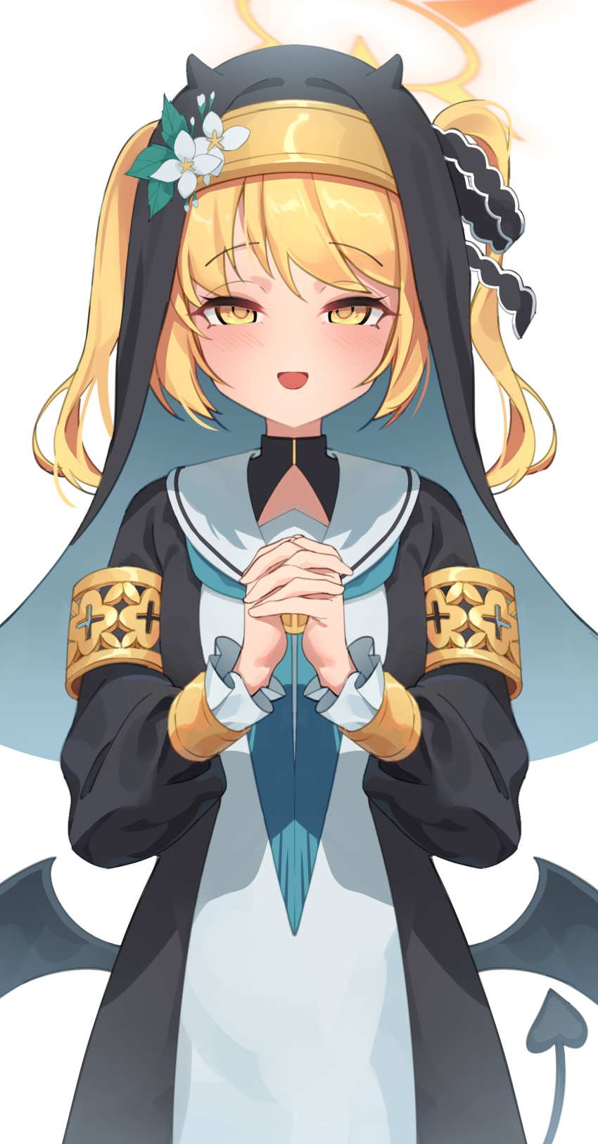 1girl, :d, absurdres, blonde_hair, blue_archive, blush, commentary, cosplay