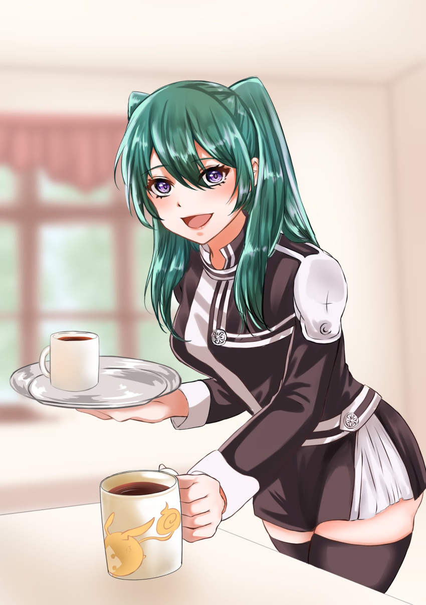1girl, belt, black_jacket, black_order_uniform, black_skirt, black_thighhighs, blurry, blurry_background, coffee, coffee_mug, collared_jacket, creature, cup, curtains, d.gray-man, golem_(d.gray-man), green_hair, hair_between_eyes, hair_over_shoulder, highres, holding, holding_cup, holding_plate, jacket, lenalee_lee, lipgloss, long_hair, looking_at_viewer, mimo0211, miniskirt, mug, open_mouth, plate, print_mug, skirt, smile, solo, striped_clothes, striped_jacket, striped_skirt, tail, thigh-highs, thighs, timcanpy, twintails, two_side_up, violet_eyes, white_stripes, window, wings