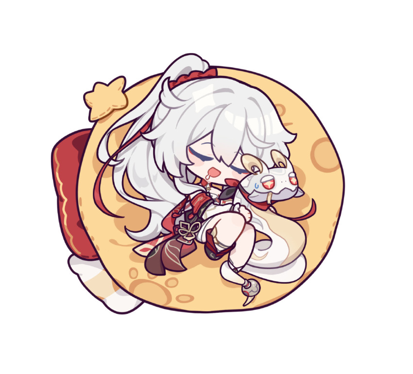 ahoge, chibi, closed_eyes, fetal_position, hair_between_eyes, honkai_(series), honkai_impact_3rd, kiana_kaslana