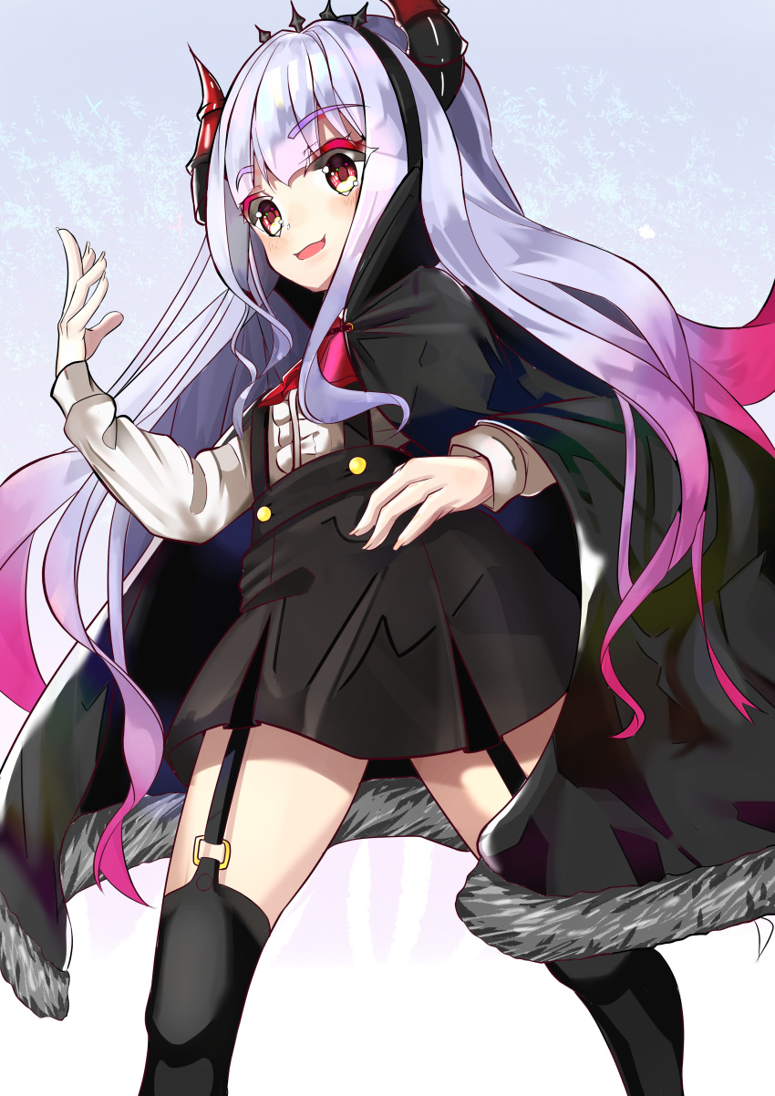 3577m, absurdres, aruko_(marco_to_ginga_ryuu), black_skirt, black_thighhighs, coat, dragon_horns, fur_coat