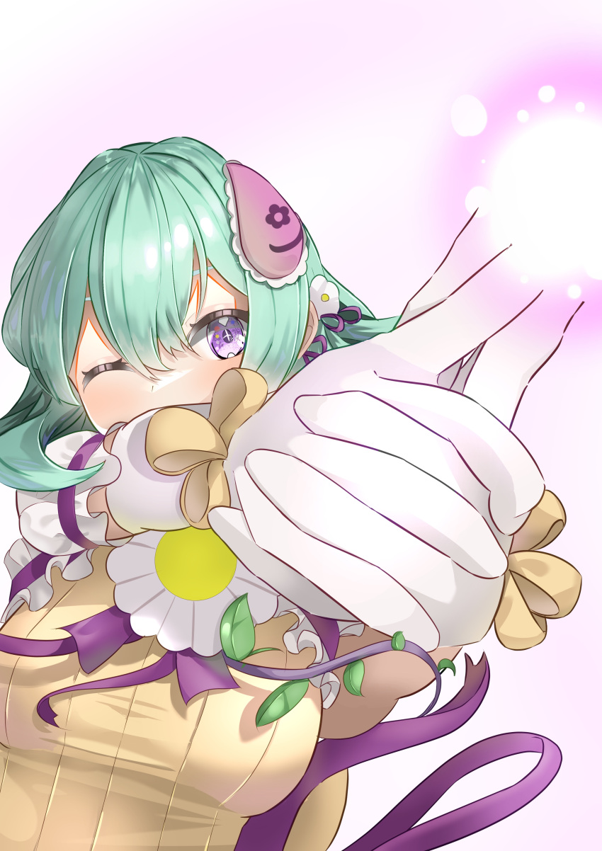 1girl, 3577m, absurdres, breasts, dress, finger_gun, flower_ornament, frilled_dress