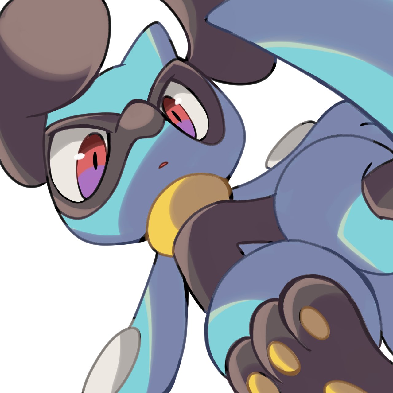 1other, animal_hands, black_fur, blue_fur, full_body, furry, highres, looking_at_viewer, nose_poke000, open_mouth, pawpads, pokemon, pokemon_(creature), red_eyes, riolu, simple_background, snout, solo, standing, two-tone_fur, white_background